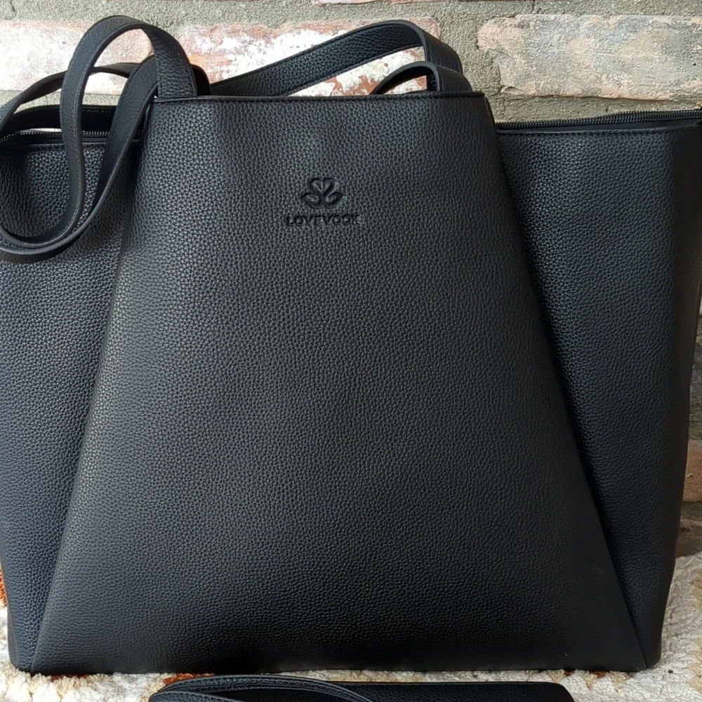 Lovevook Women's Black Faux Leather Laptop Commuter Bag Tote Large Purse, NEW